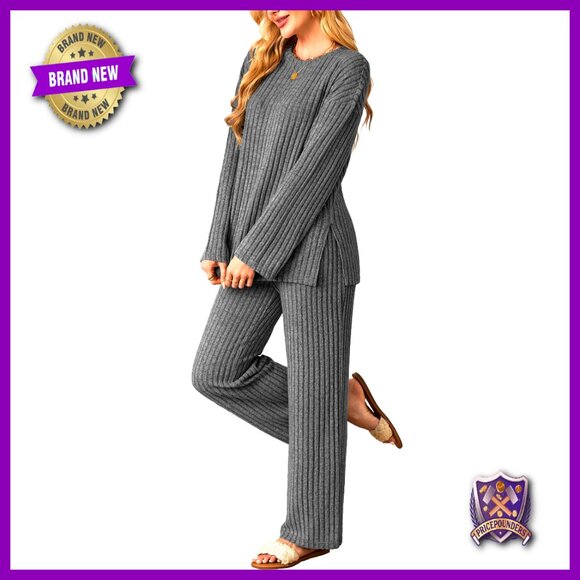 Oversized Knit Lounge Set 2 Piece Pajamas Long Sleeve Relaxed Fit S-XXL